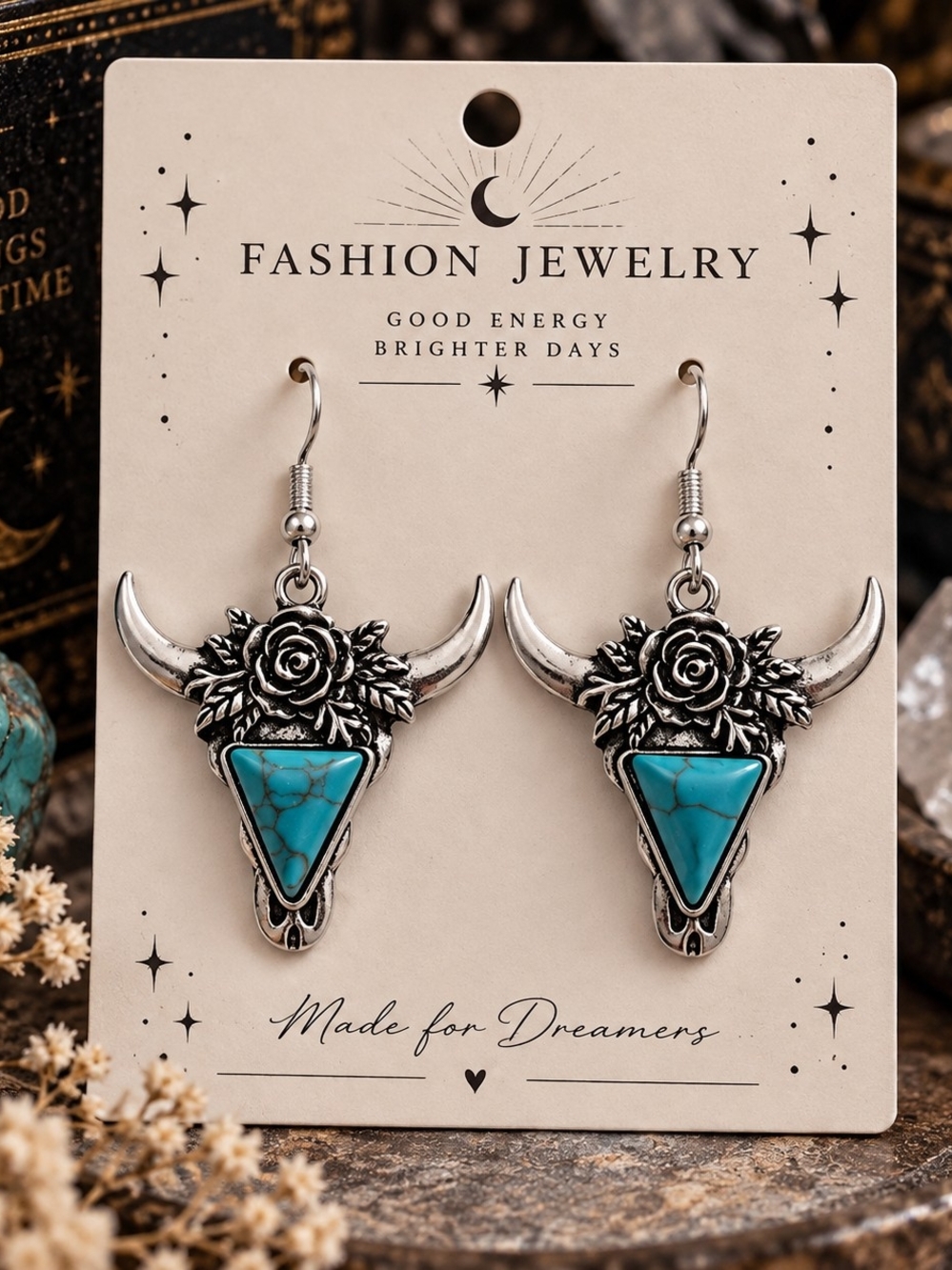Silver-Tone Bull Skull Roses & Turquoise Statement Earrings New